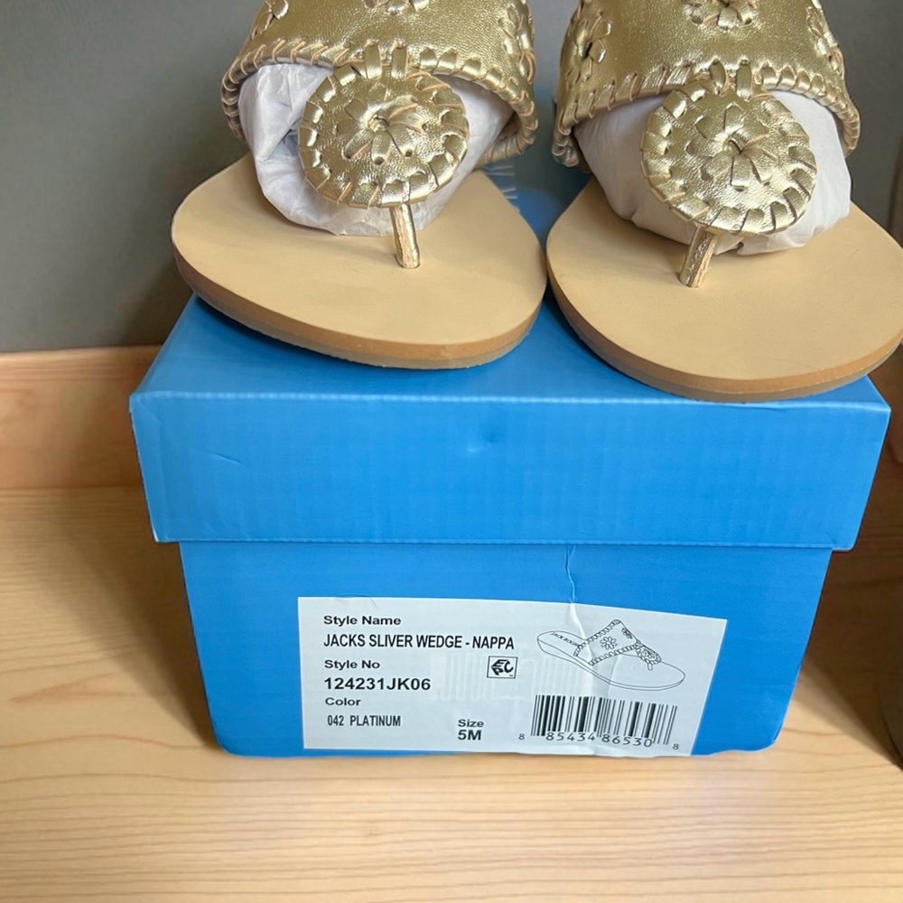 Jack Rogers Platinum Wedge Shoes with Signature Whipstitch, Sz 5 NWB